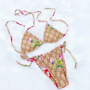 Designer-Inspired Floral Logo Triangle Bikini - Beige